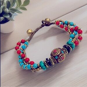 TURQUOISE RED COPPER BEADED ADJUSTABLE BRACELET